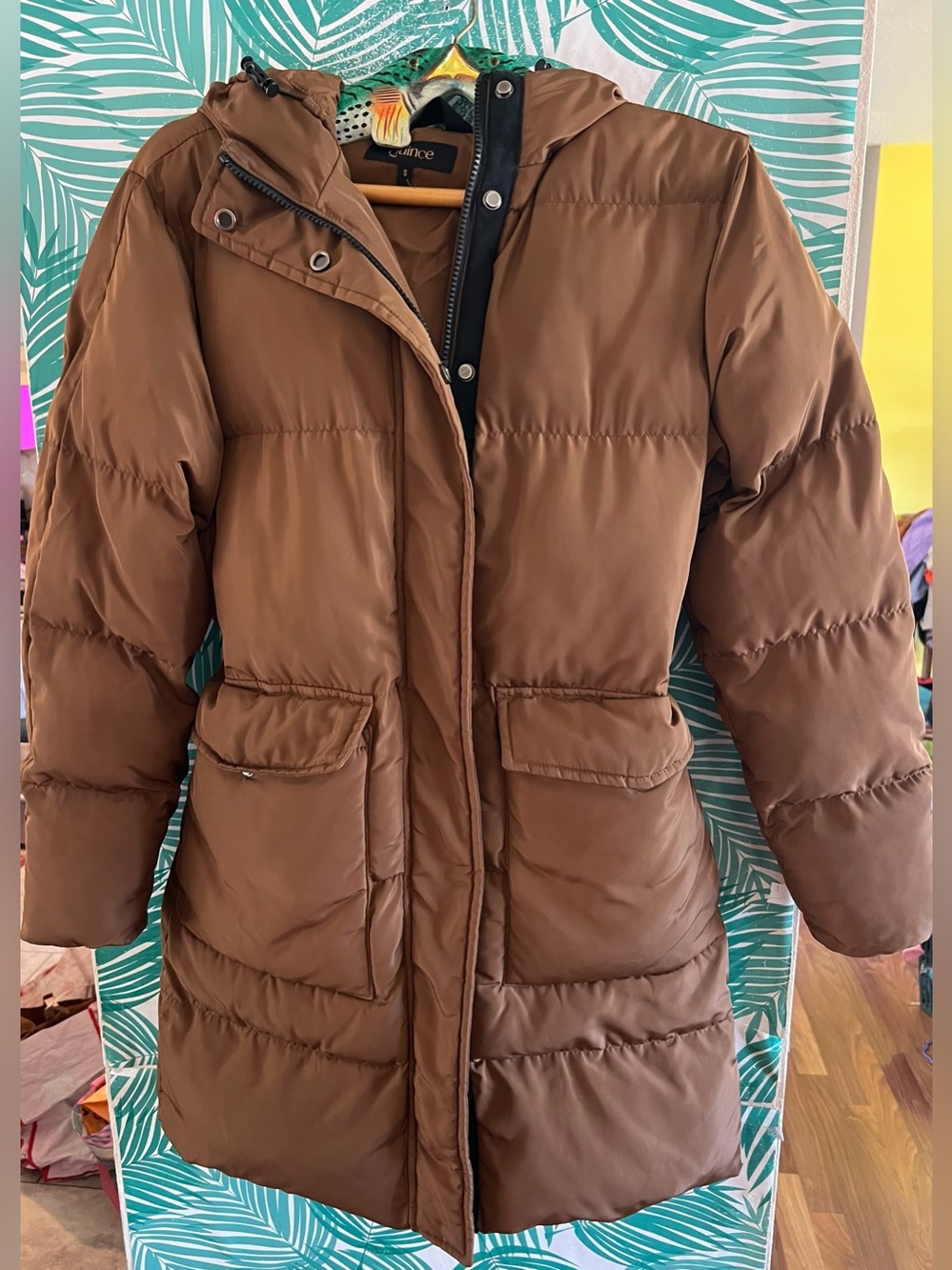 Quince Featherless Long Puffer Parka Coat in chestnut w/ hoodie sz S Fall 2023